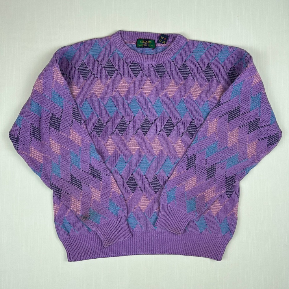 Colours by Alexander Julian Vintage Purple Geometric Argyle Knit Sweater Large